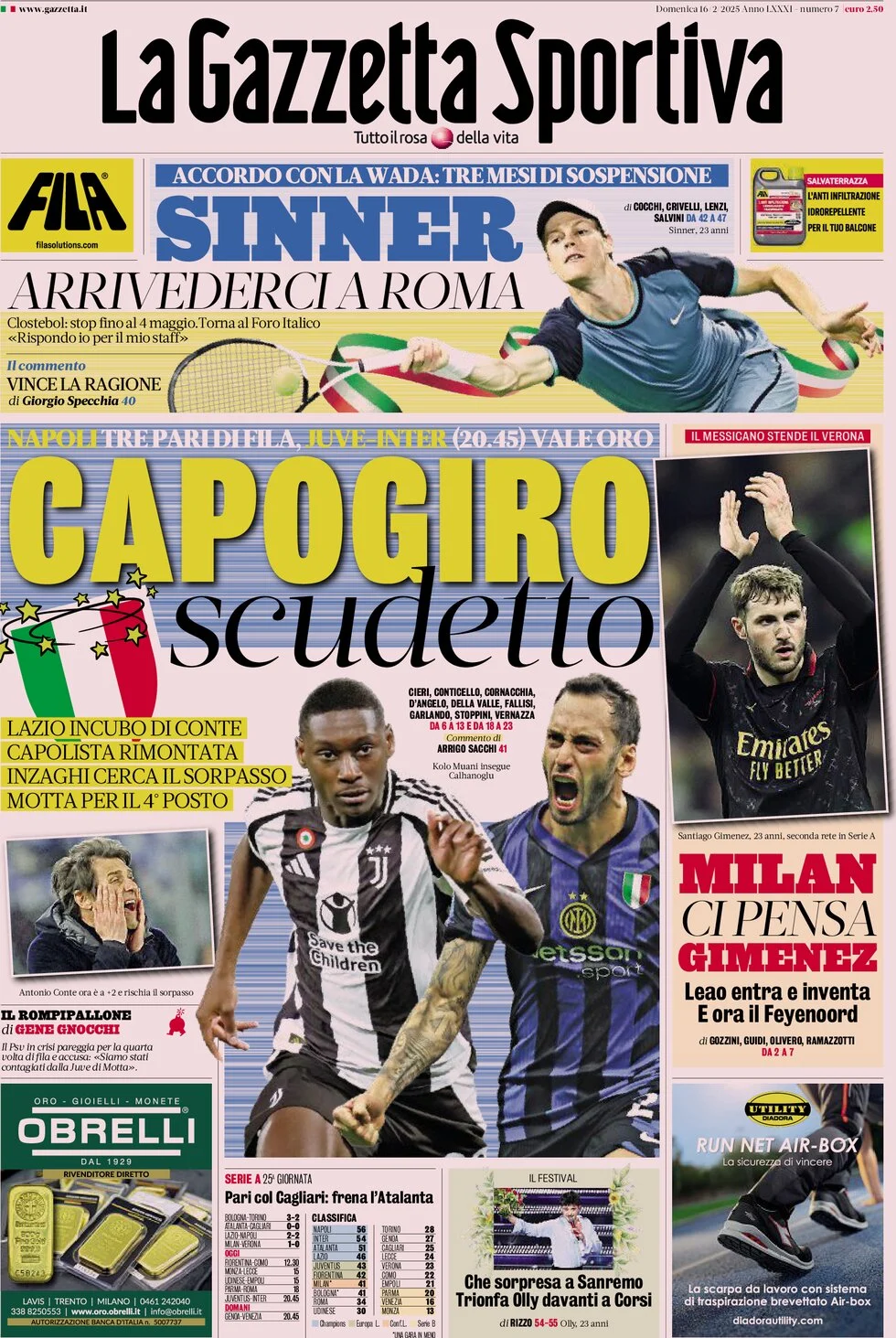 anteprima della prima pagina di la-gazzetta-dello-sport del 16/02/2025