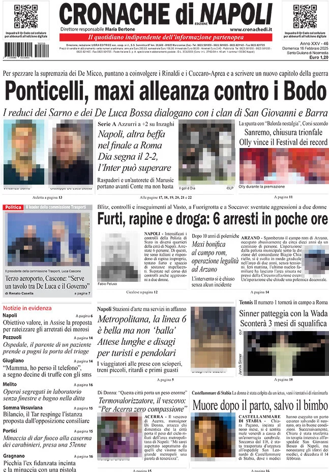 anteprima della prima pagina di cronache-di-napoli del 16/02/2025