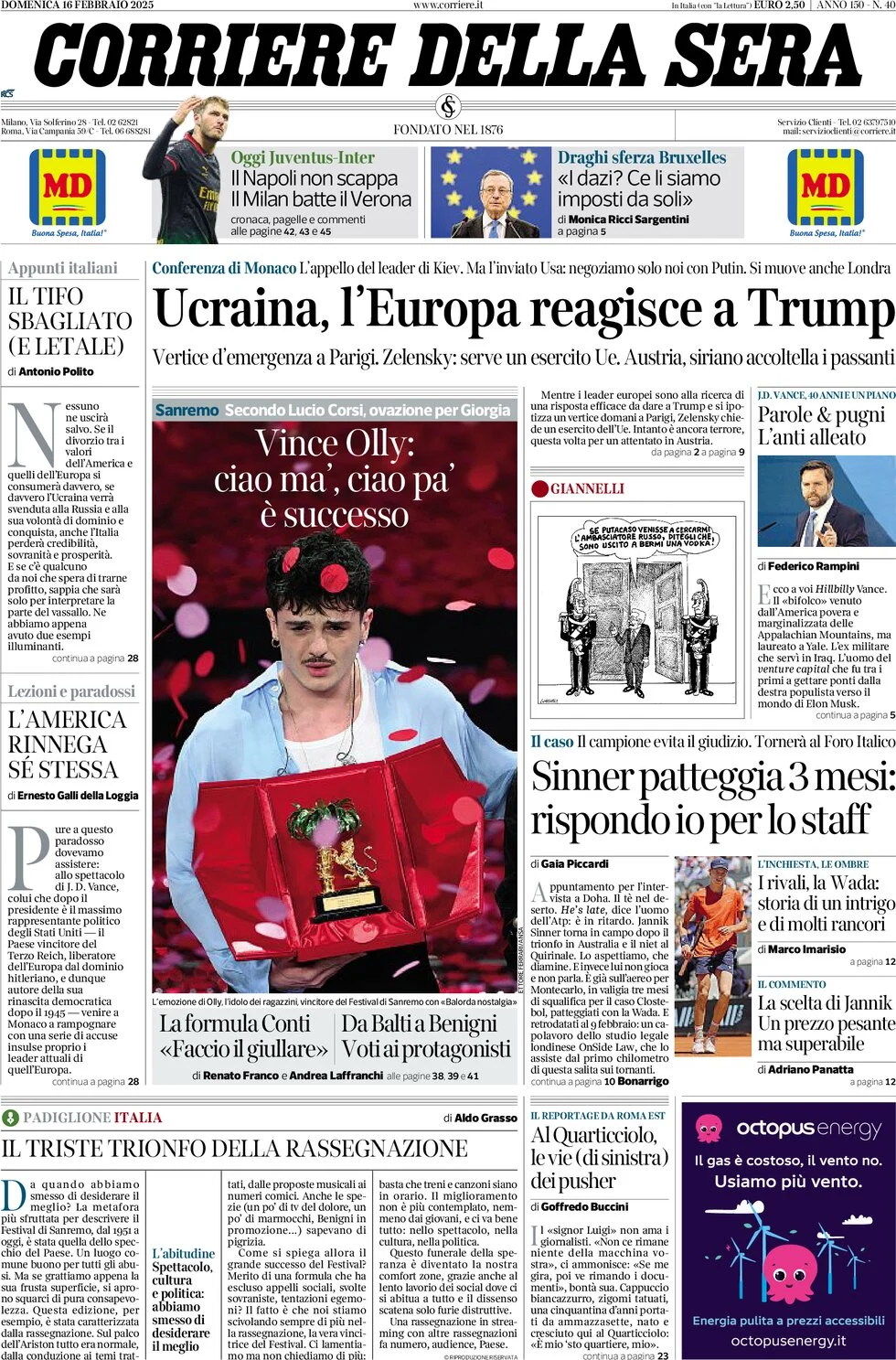 anteprima della prima pagina di corriere-della-sera del 16/02/2025