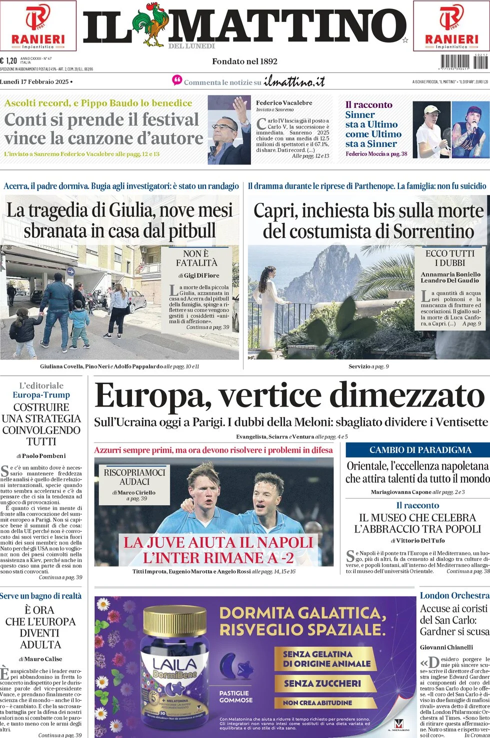 anteprima della prima pagina di il-mattino del 17/02/2025