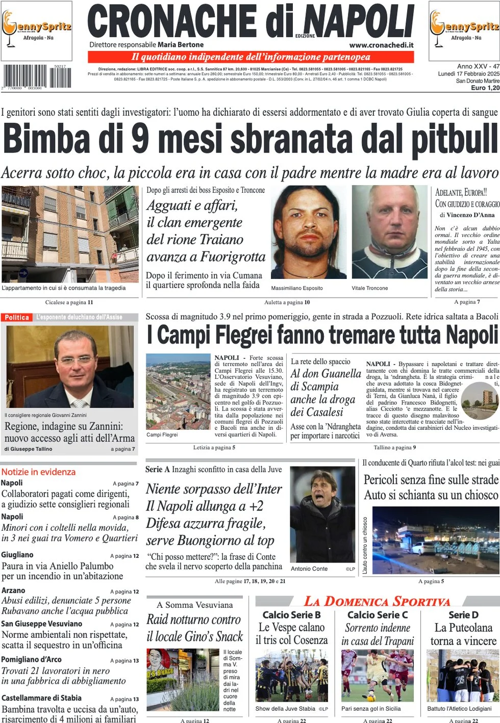anteprima della prima pagina di cronache-di-napoli del 17/02/2025