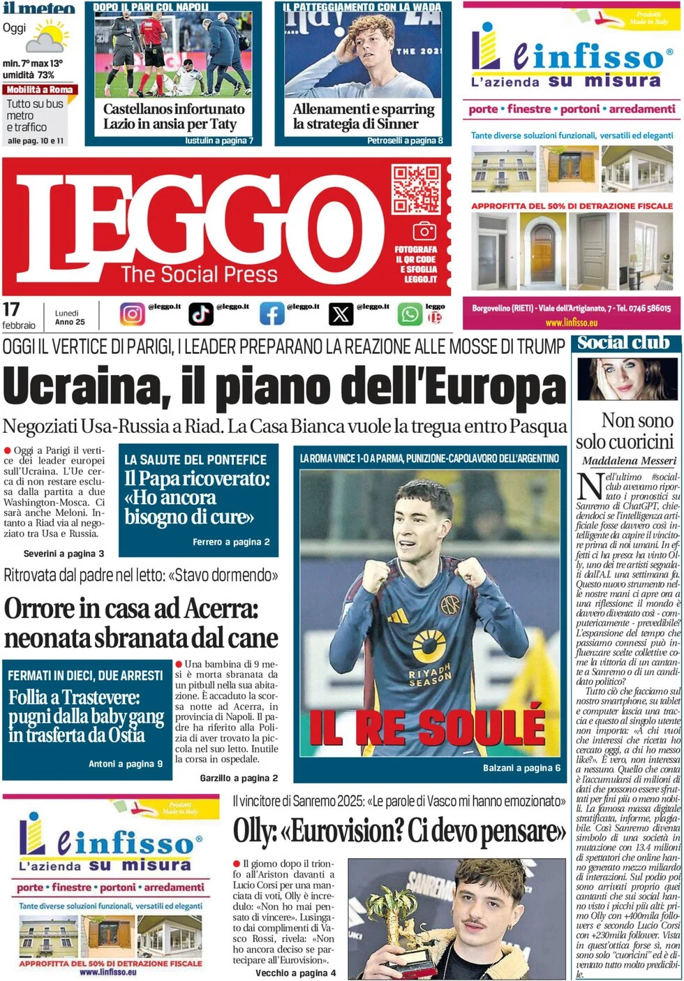 anteprima della prima pagina di leggo-roma del 17/02/2025