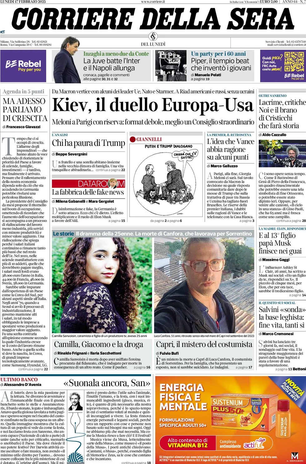 anteprima della prima pagina di corriere-della-sera del 17/02/2025