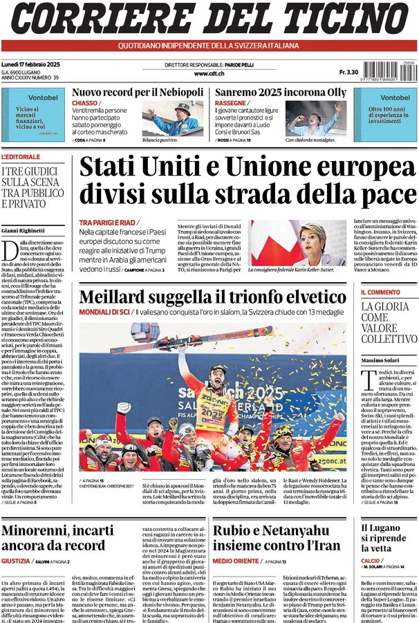 anteprima della prima pagina di corriere-del-ticino del 17/02/2025