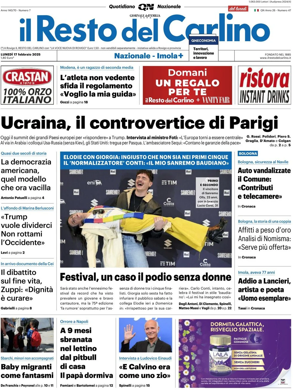 anteprima della prima pagina di il-resto-del-carlino del 17/02/2025