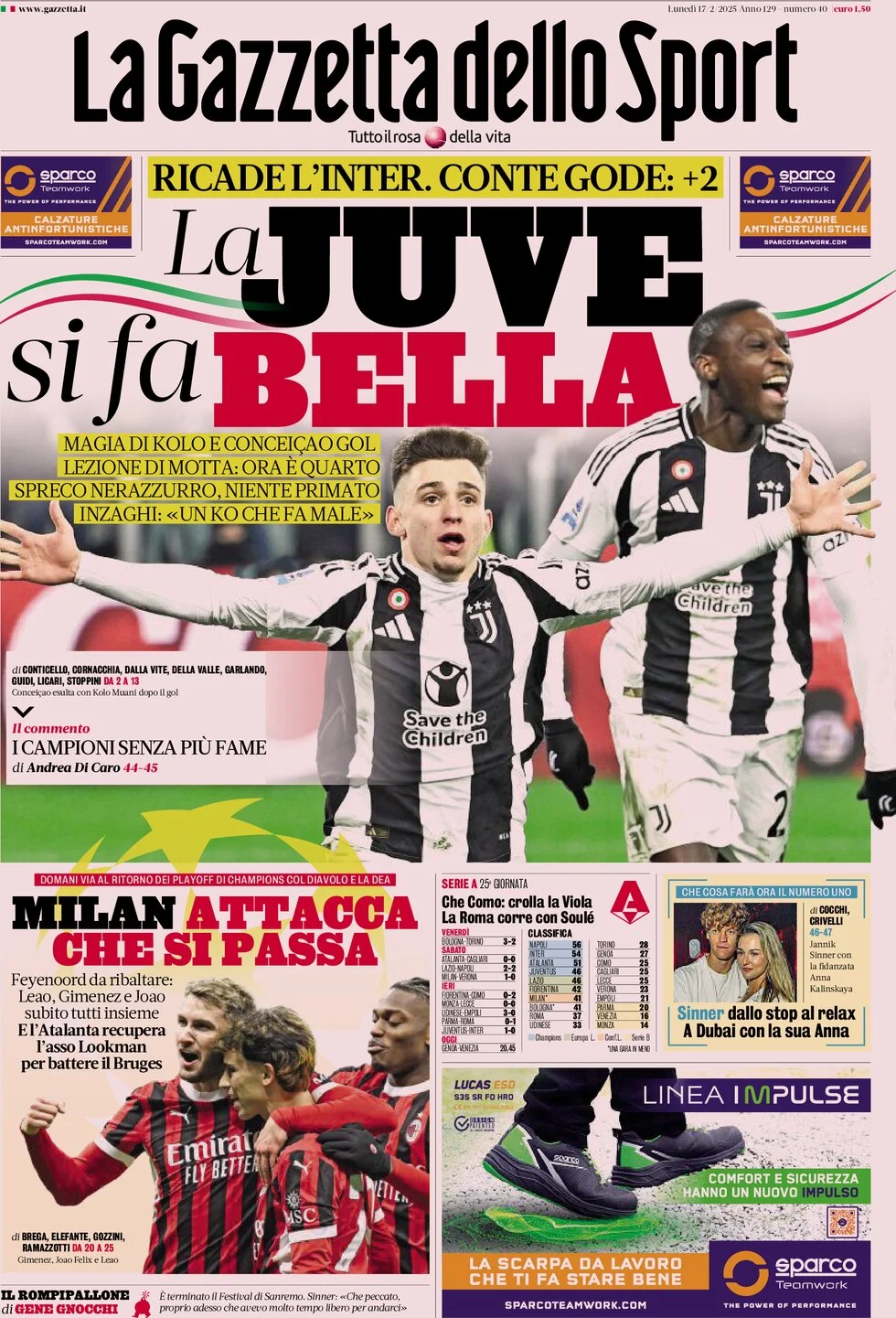 anteprima della prima pagina di la-gazzetta-dello-sport del 17/02/2025