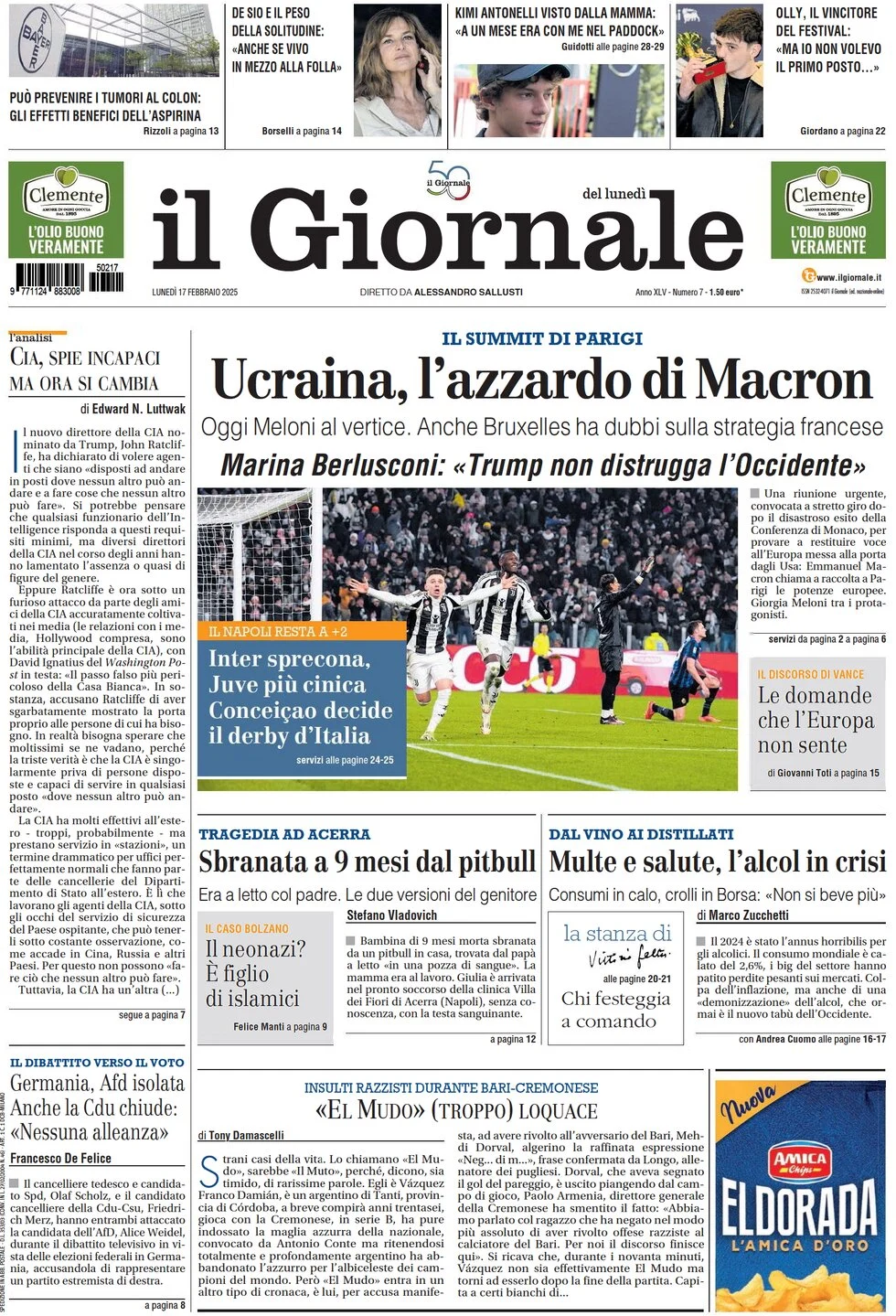 anteprima della prima pagina di il-giornale del 17/02/2025