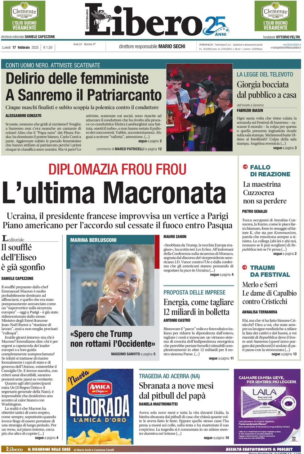 anteprima della prima pagina di libero-quotidiano del 17/02/2025