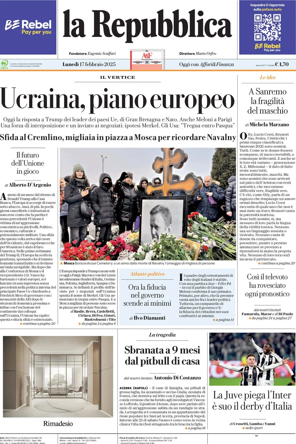 anteprima della prima pagina di la-repubblica del 17/02/2025