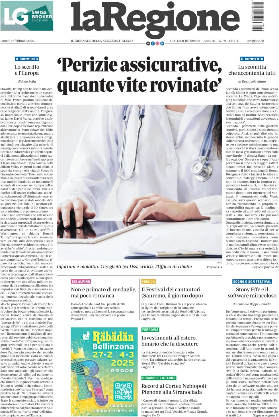 anteprima della prima pagina di la-regione del 17/02/2025