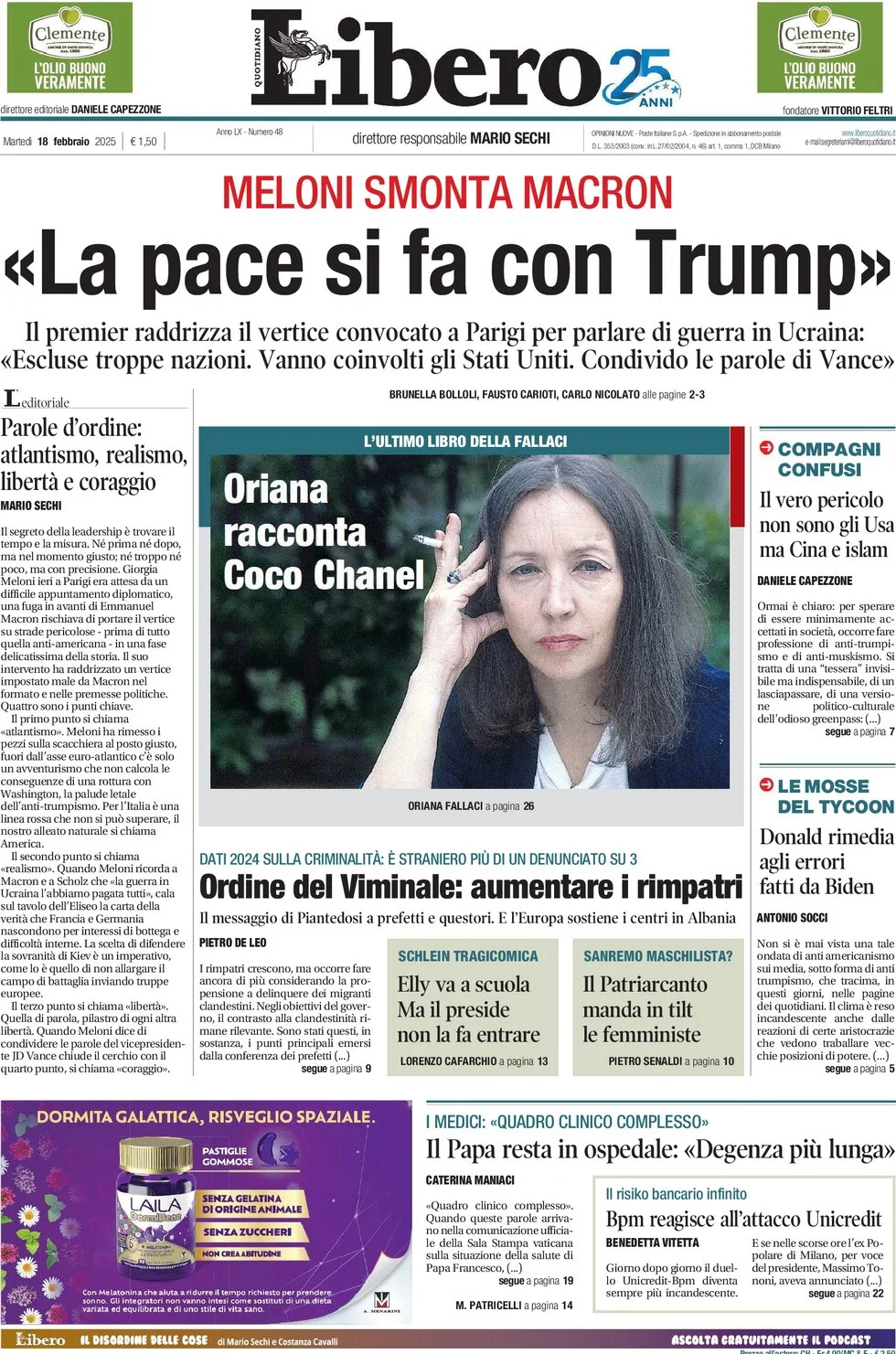 anteprima della prima pagina di libero-quotidiano del 18/02/2025