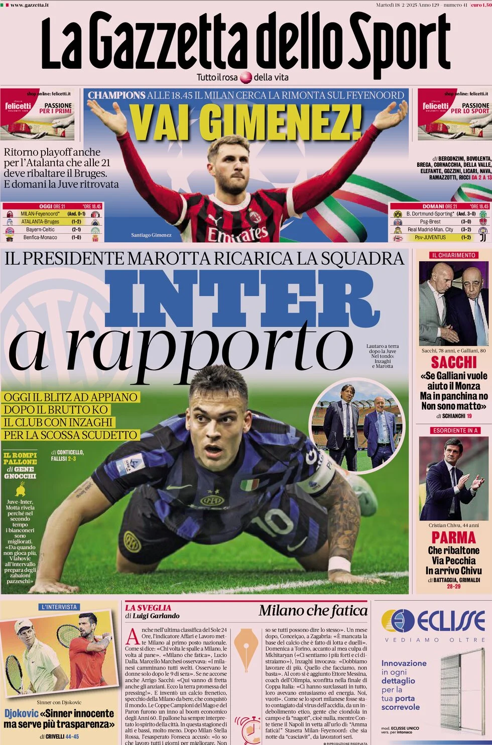 anteprima della prima pagina di la-gazzetta-dello-sport del 18/02/2025