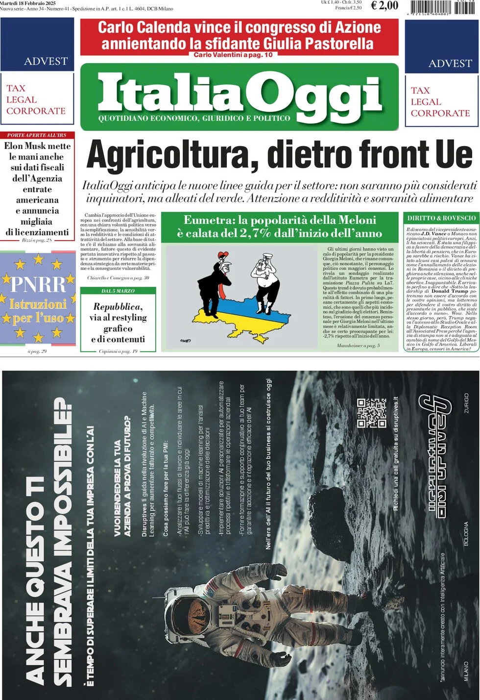 anteprima della prima pagina di italiaoggi del 18/02/2025