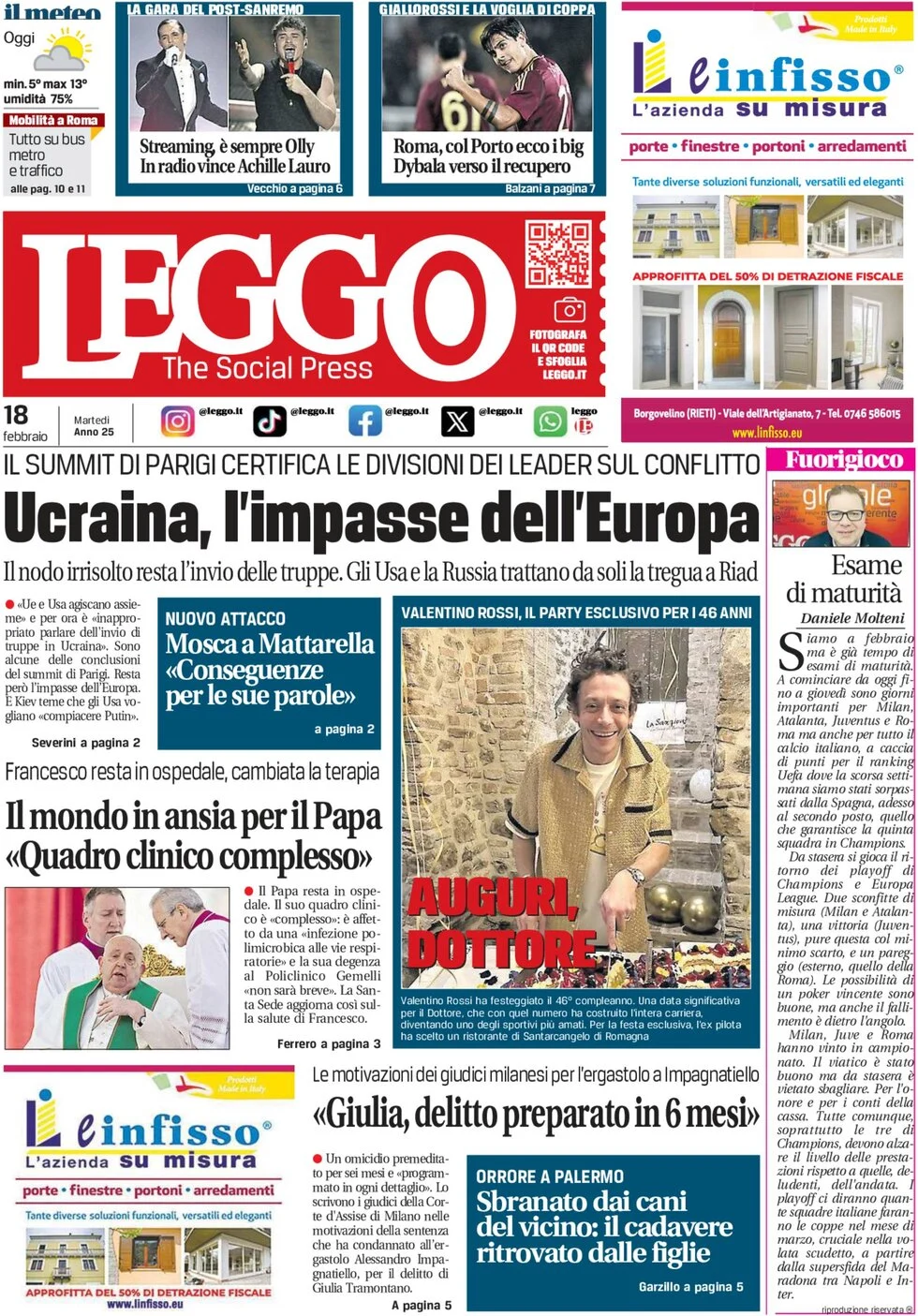 anteprima della prima pagina di leggo-roma del 18/02/2025