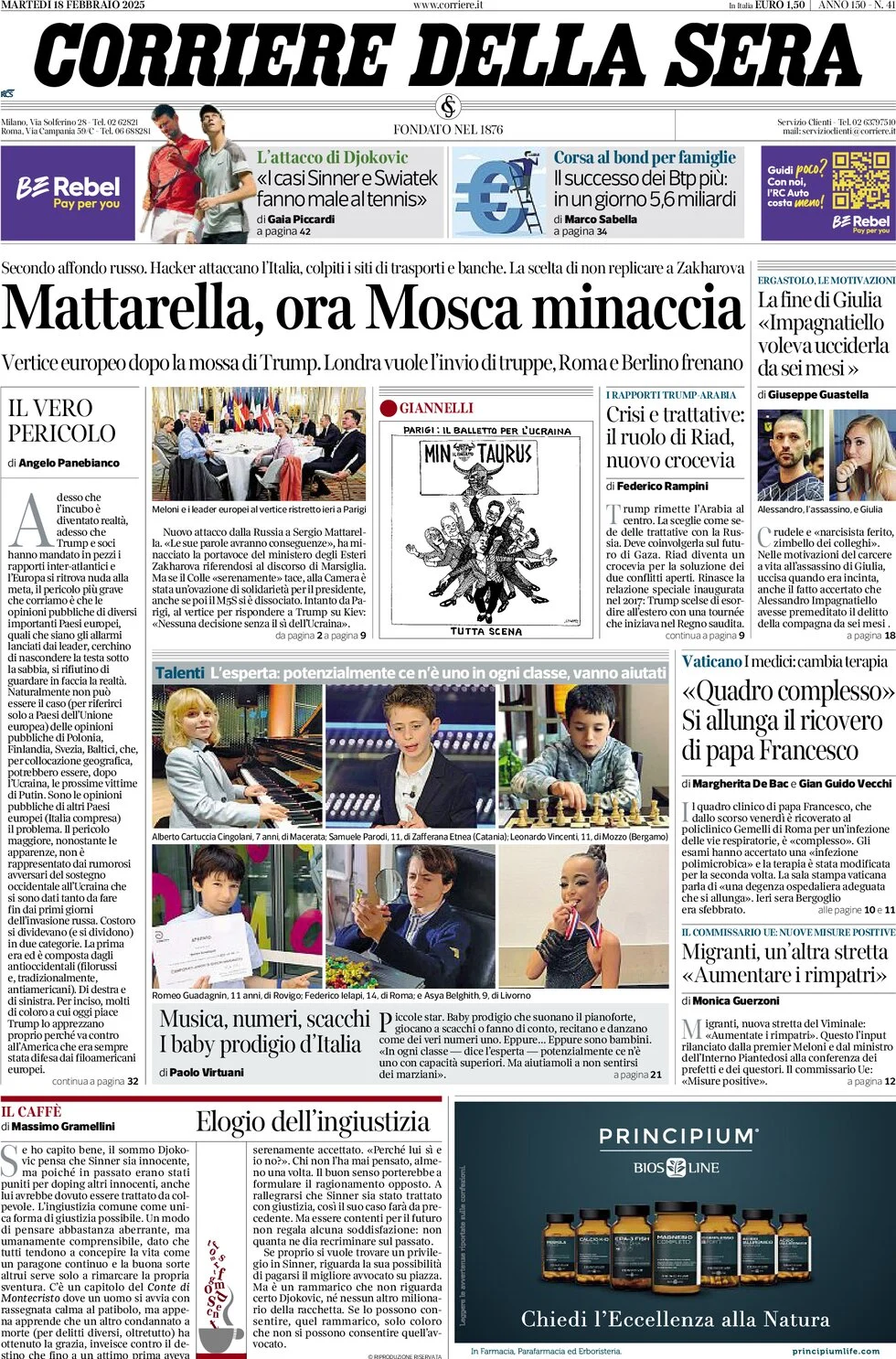 anteprima della prima pagina di corriere-della-sera del 18/02/2025