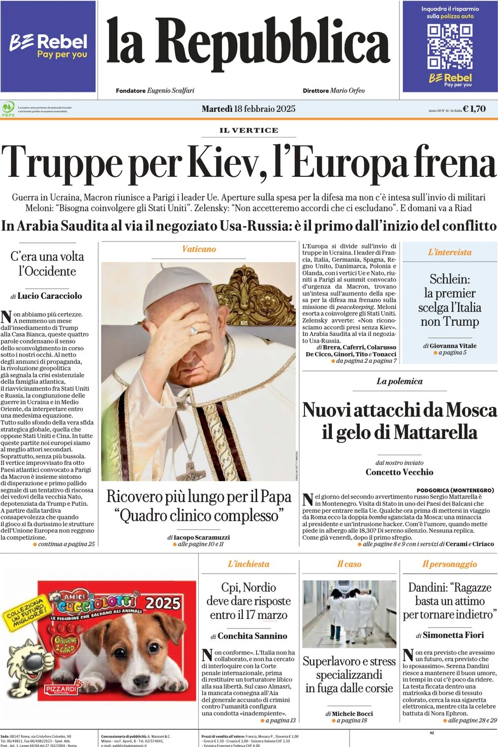 anteprima della prima pagina di la-repubblica del 18/02/2025