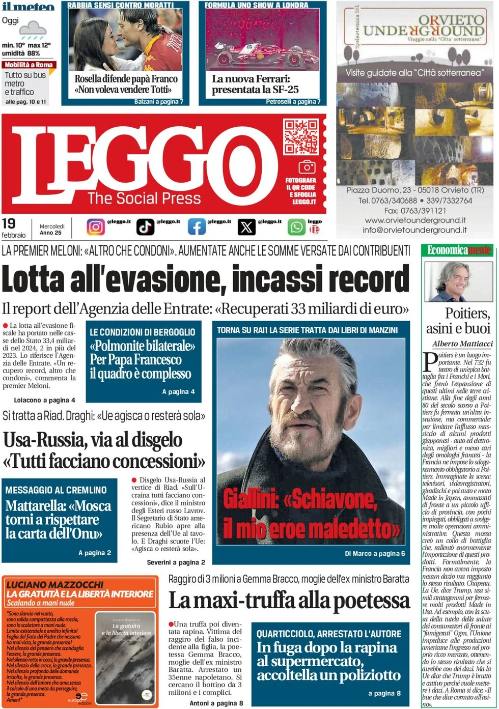 anteprima della prima pagina di leggo-roma del 19/02/2025