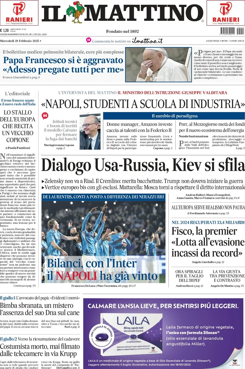 anteprima della prima pagina di il-mattino del 19/02/2025