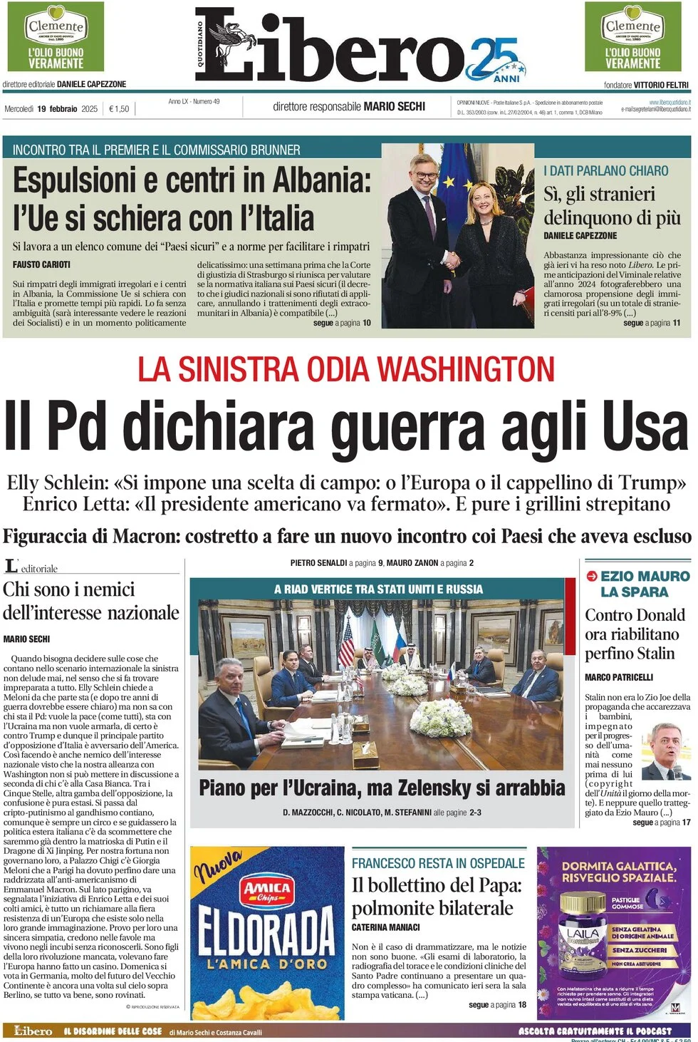 anteprima della prima pagina di libero-quotidiano del 19/02/2025