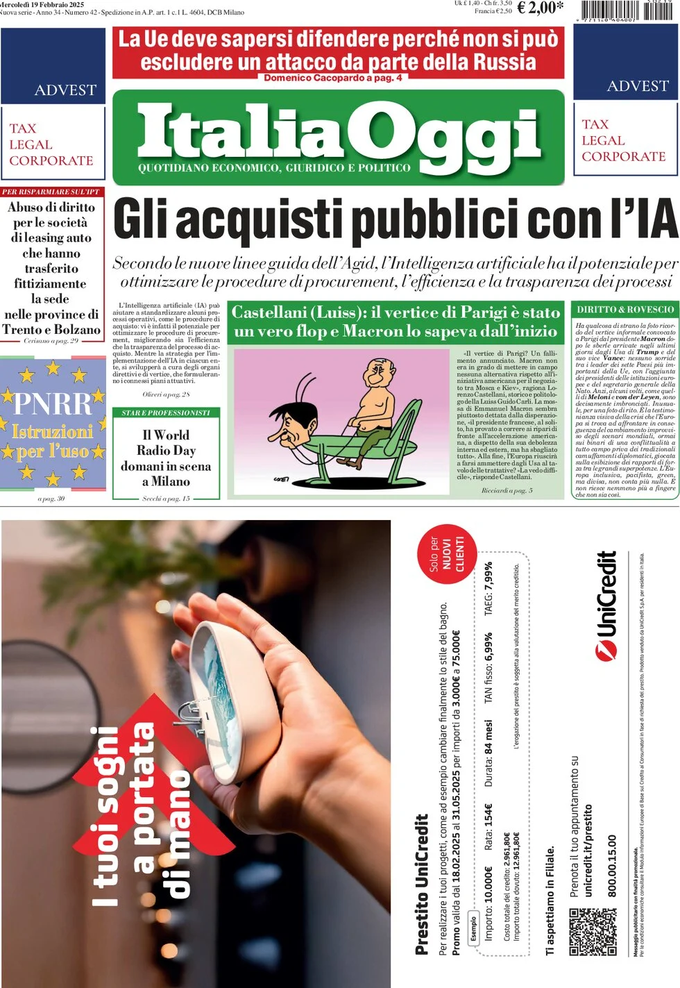 anteprima della prima pagina di italiaoggi del 19/02/2025