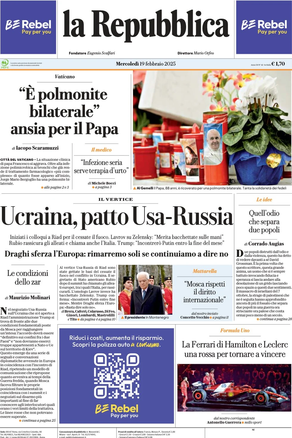 anteprima della prima pagina di la-repubblica del 19/02/2025