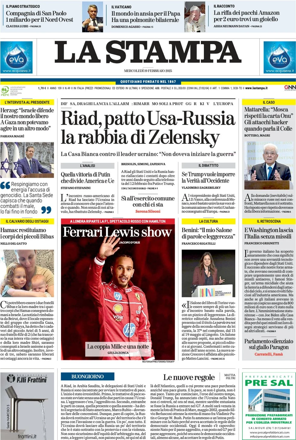 anteprima della prima pagina di la-stampa del 19/02/2025