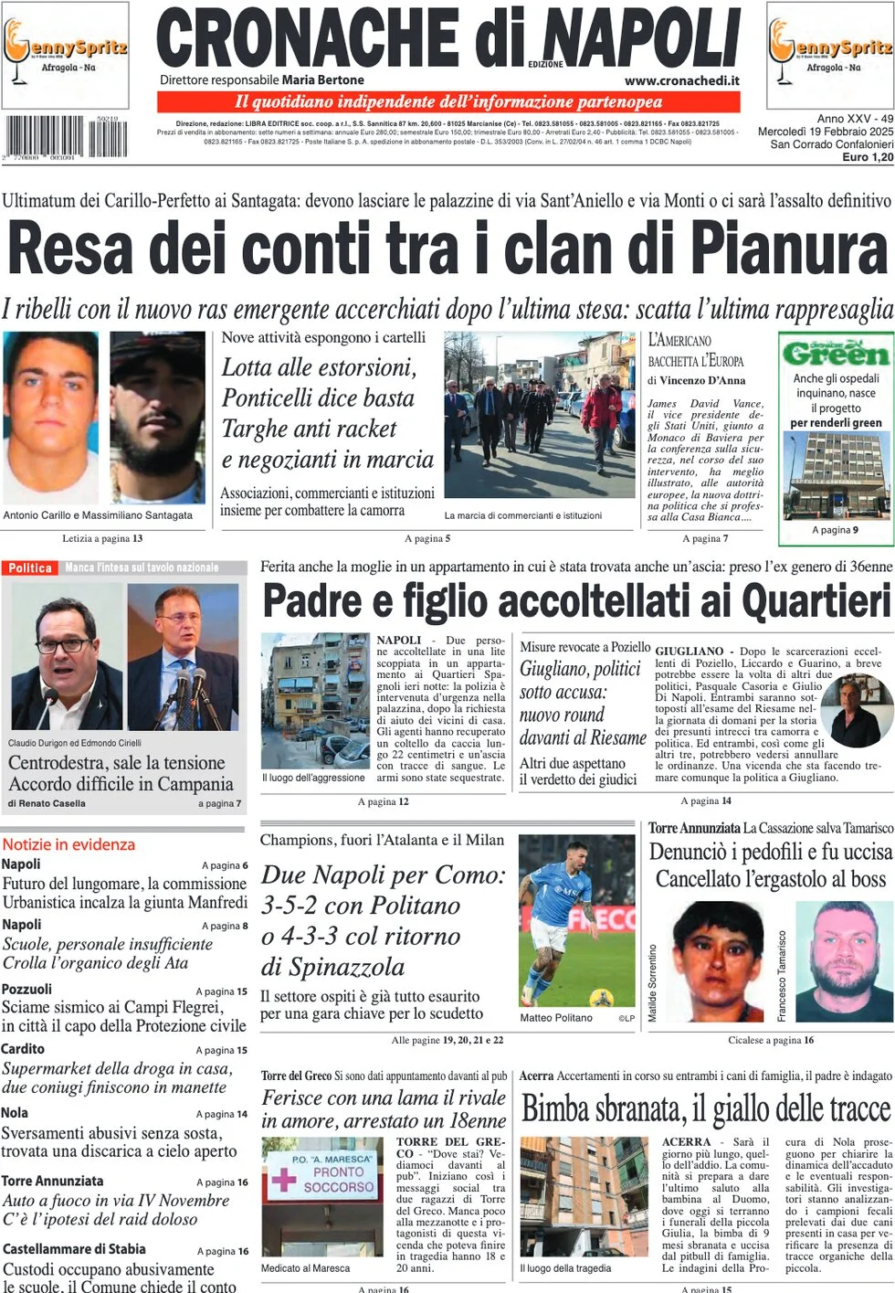 anteprima della prima pagina di cronache-di-napoli del 19/02/2025