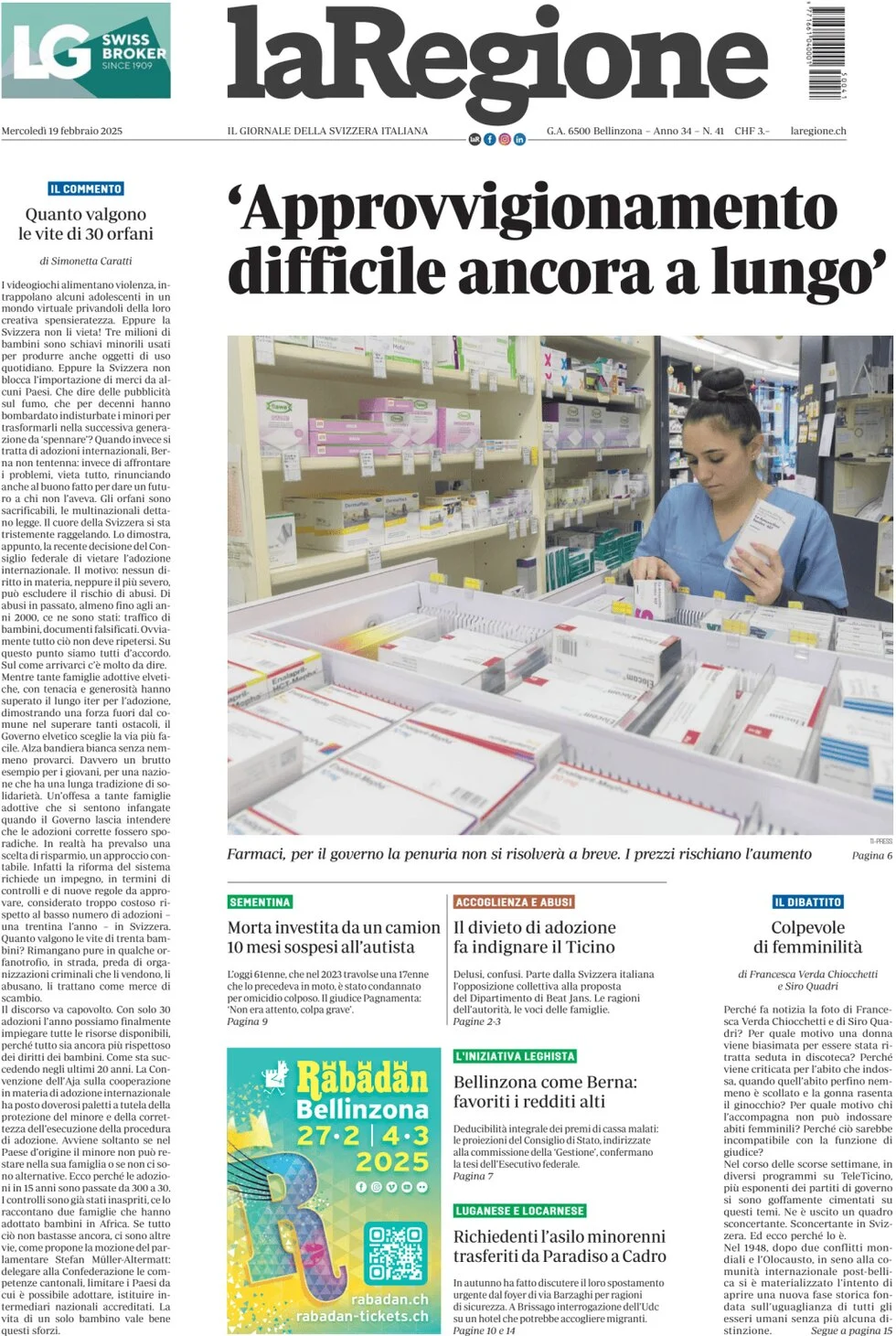 anteprima della prima pagina di la-regione del 19/02/2025