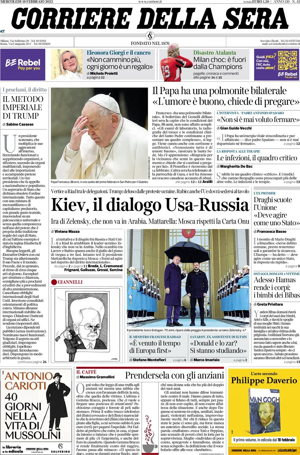 anteprima della prima pagina di corriere-della-sera del 19/02/2025