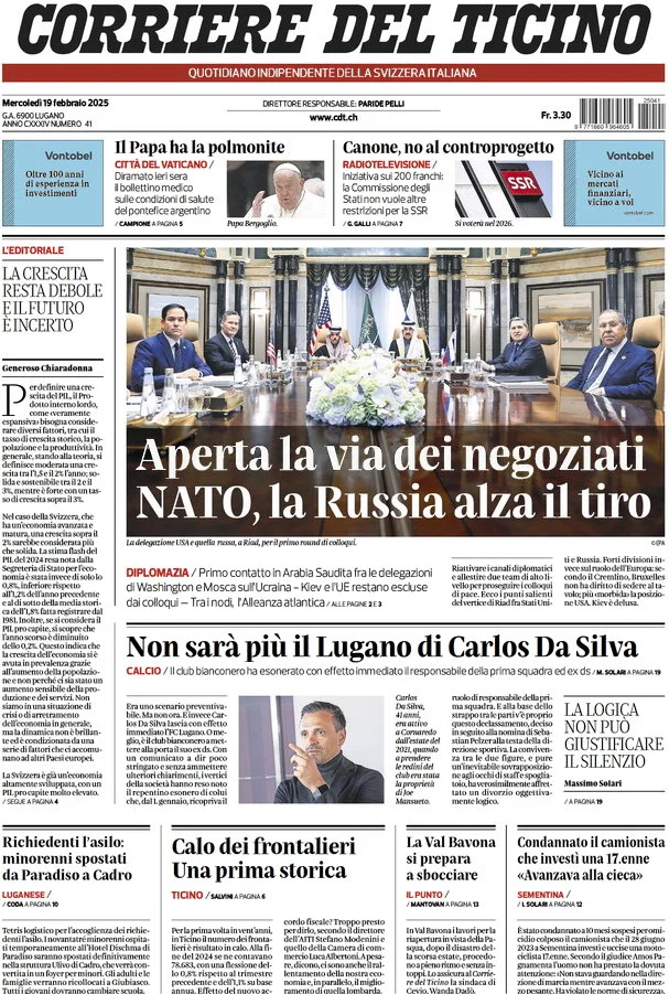 anteprima della prima pagina di corriere-del-ticino del 19/02/2025