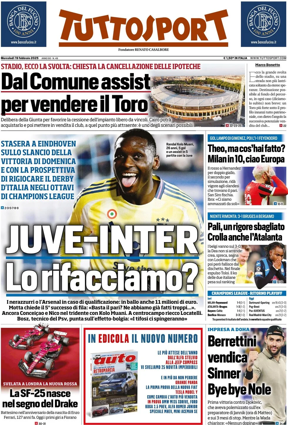 anteprima della prima pagina di tuttosport del 19/02/2025