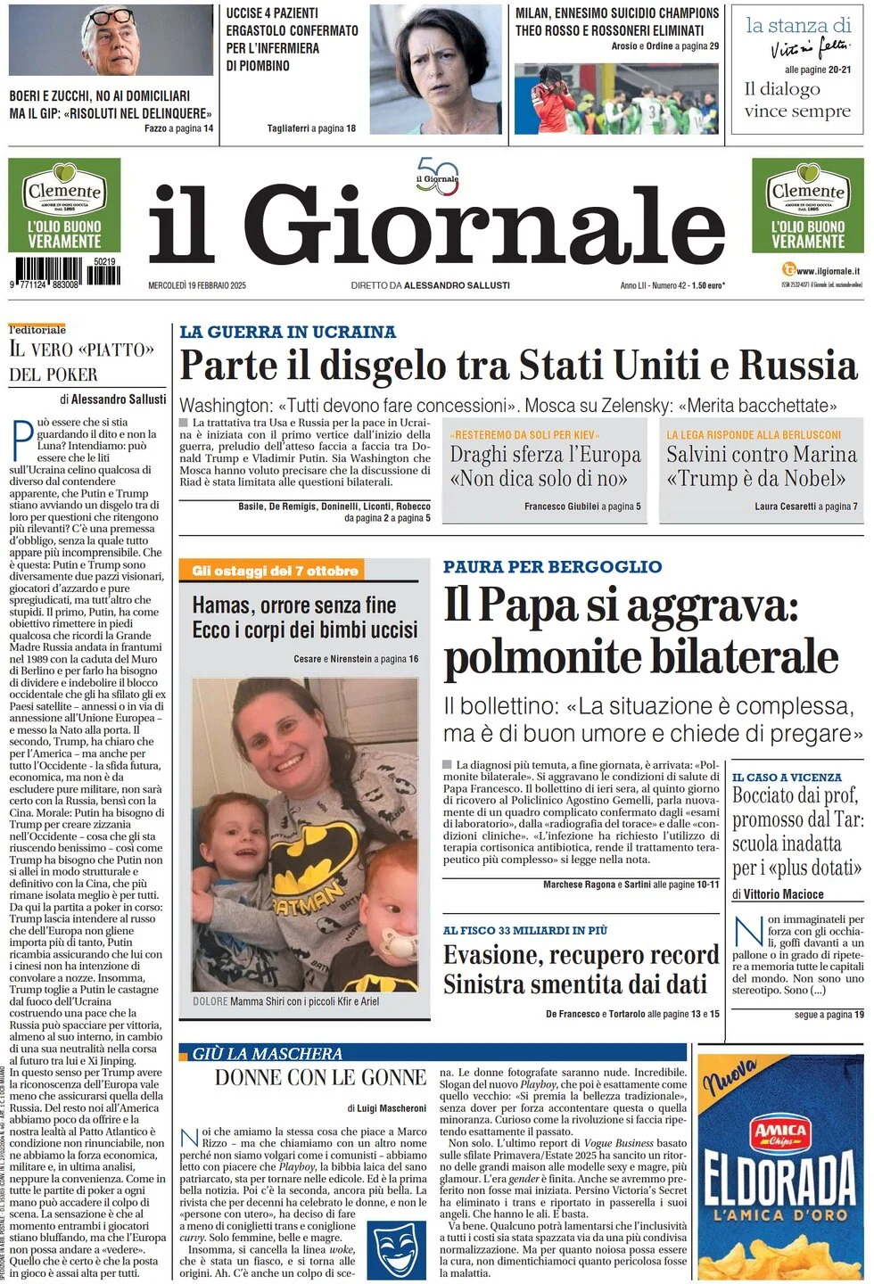 anteprima della prima pagina di il-giornale del 19/02/2025