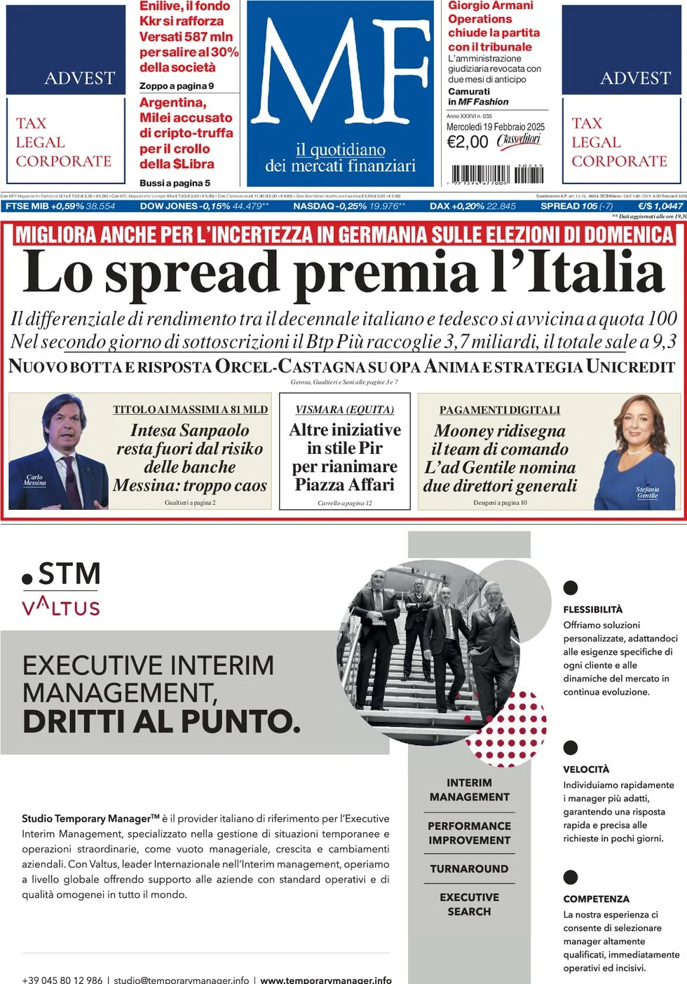 anteprima della prima pagina di mf-milano-finanza del 19/02/2025
