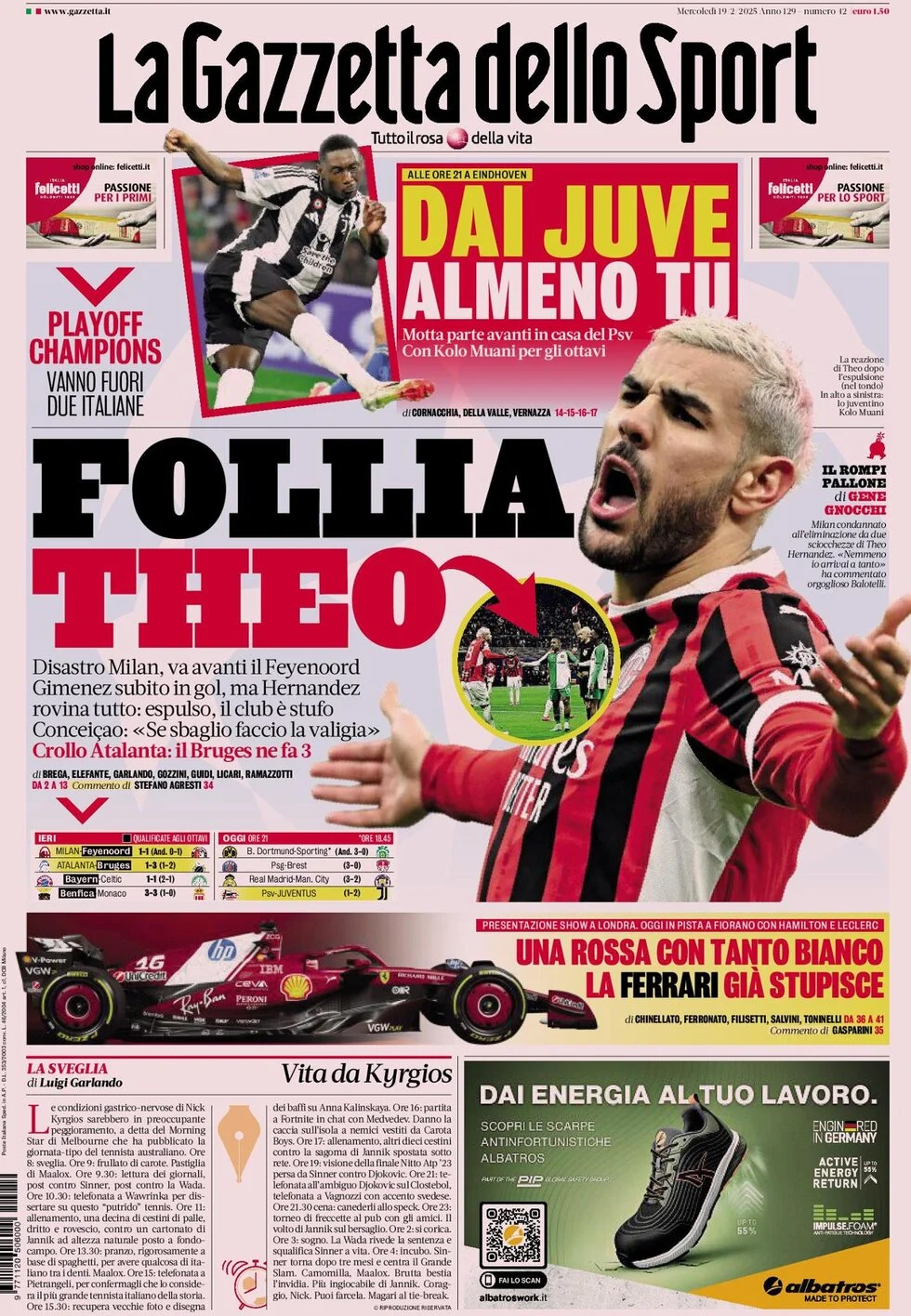 anteprima della prima pagina di la-gazzetta-dello-sport del 19/02/2025