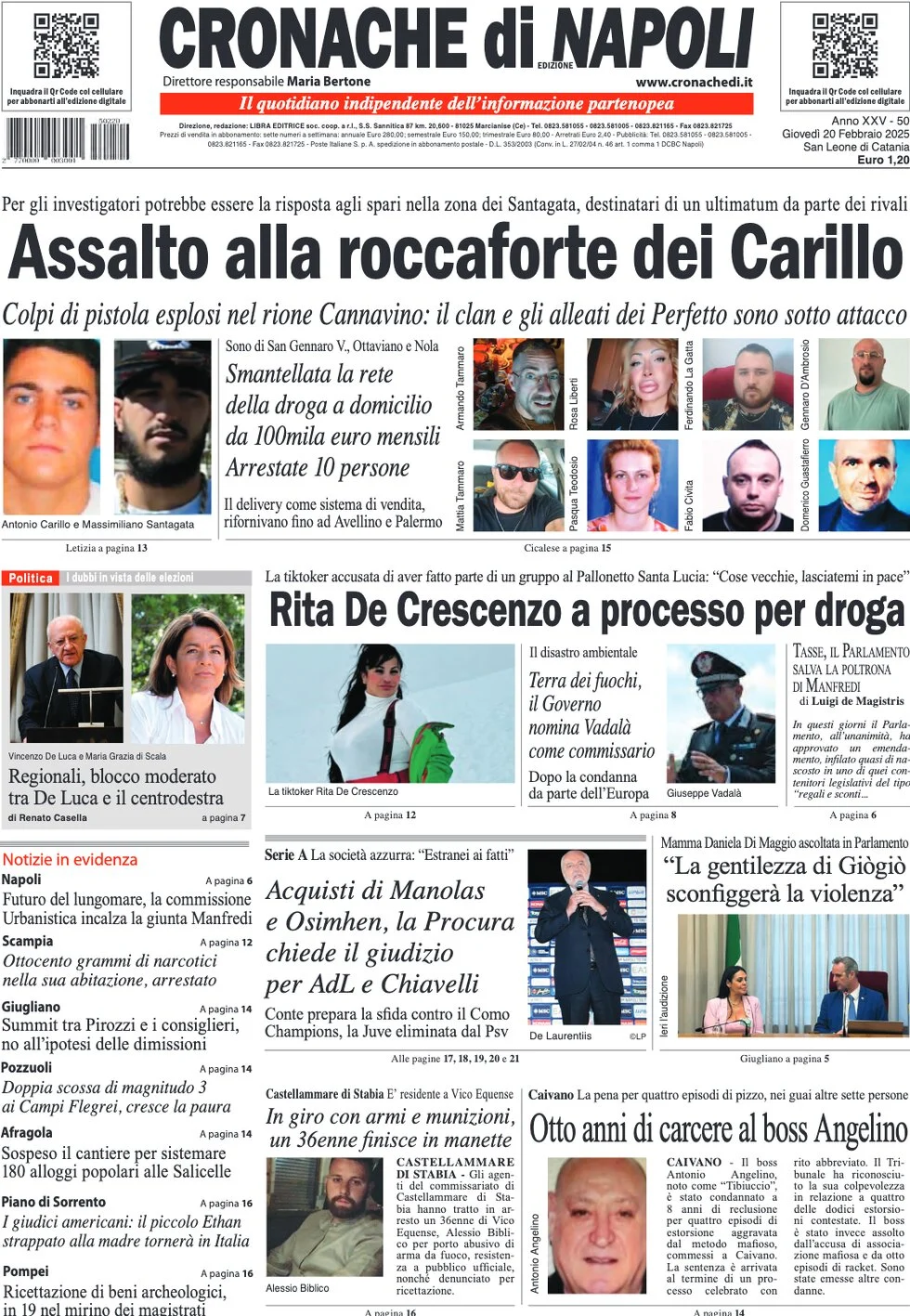 anteprima della prima pagina di cronache-di-napoli del 20/02/2025