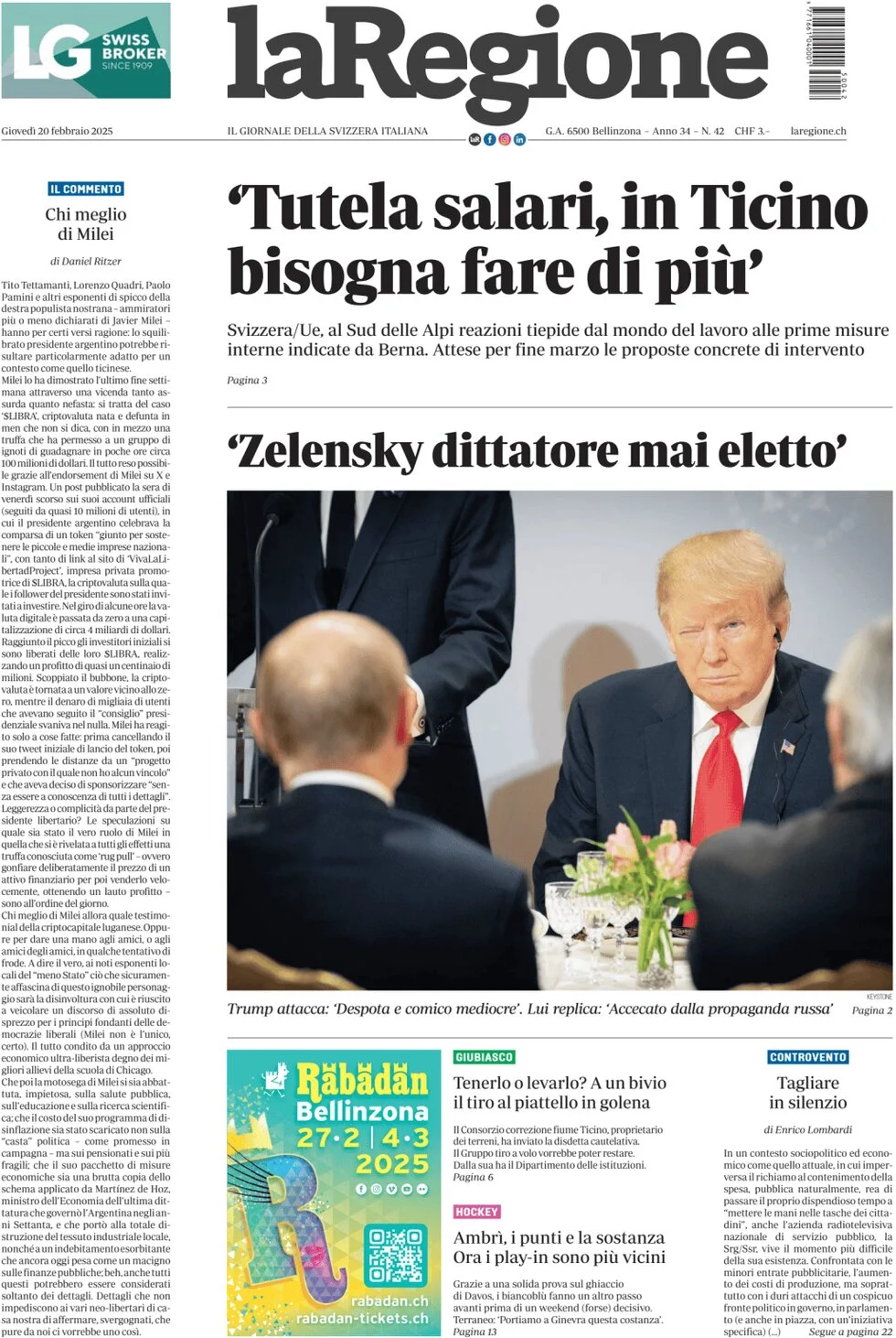 anteprima della prima pagina di la-regione del 20/02/2025