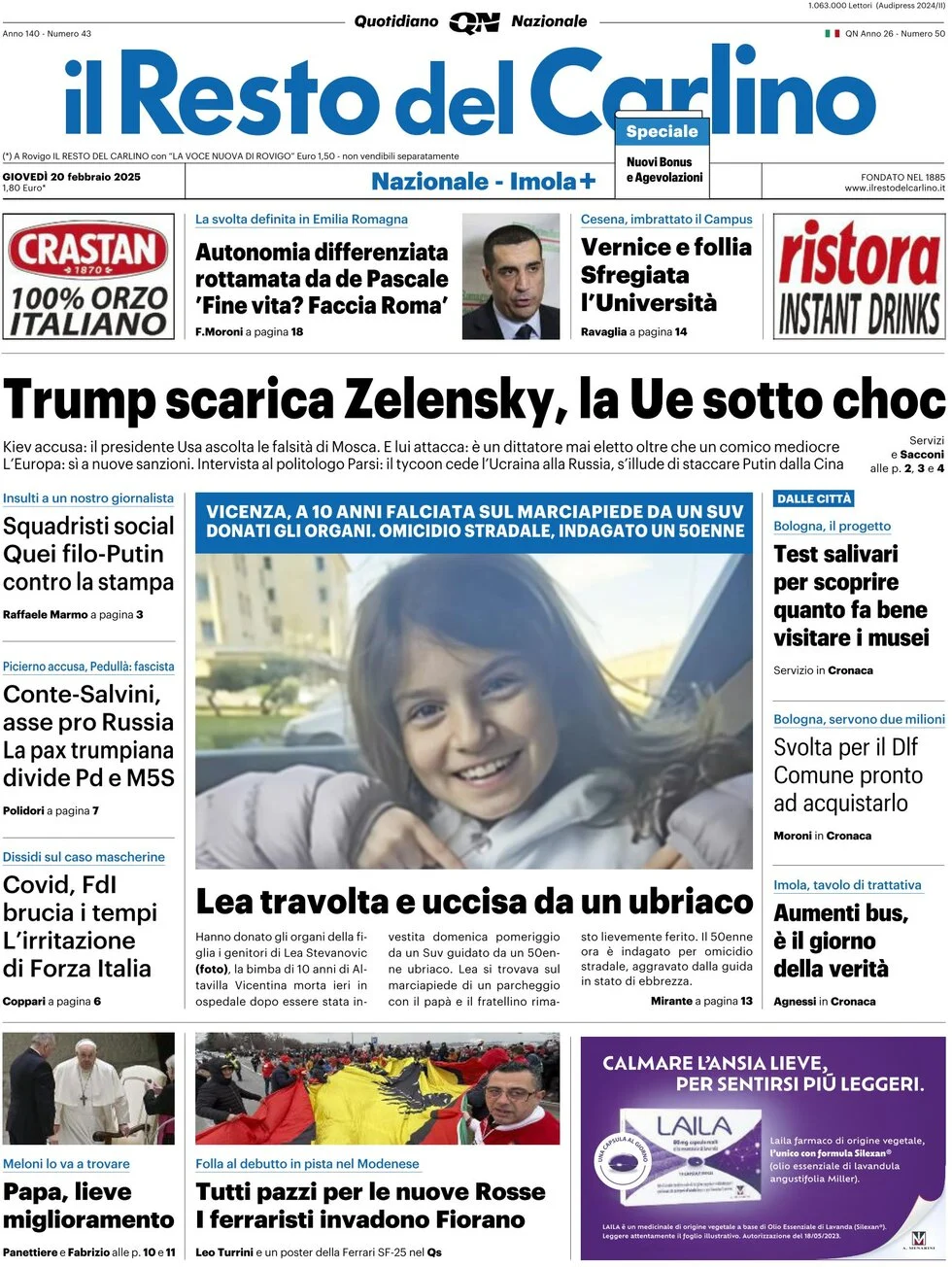 anteprima della prima pagina di il-resto-del-carlino del 20/02/2025