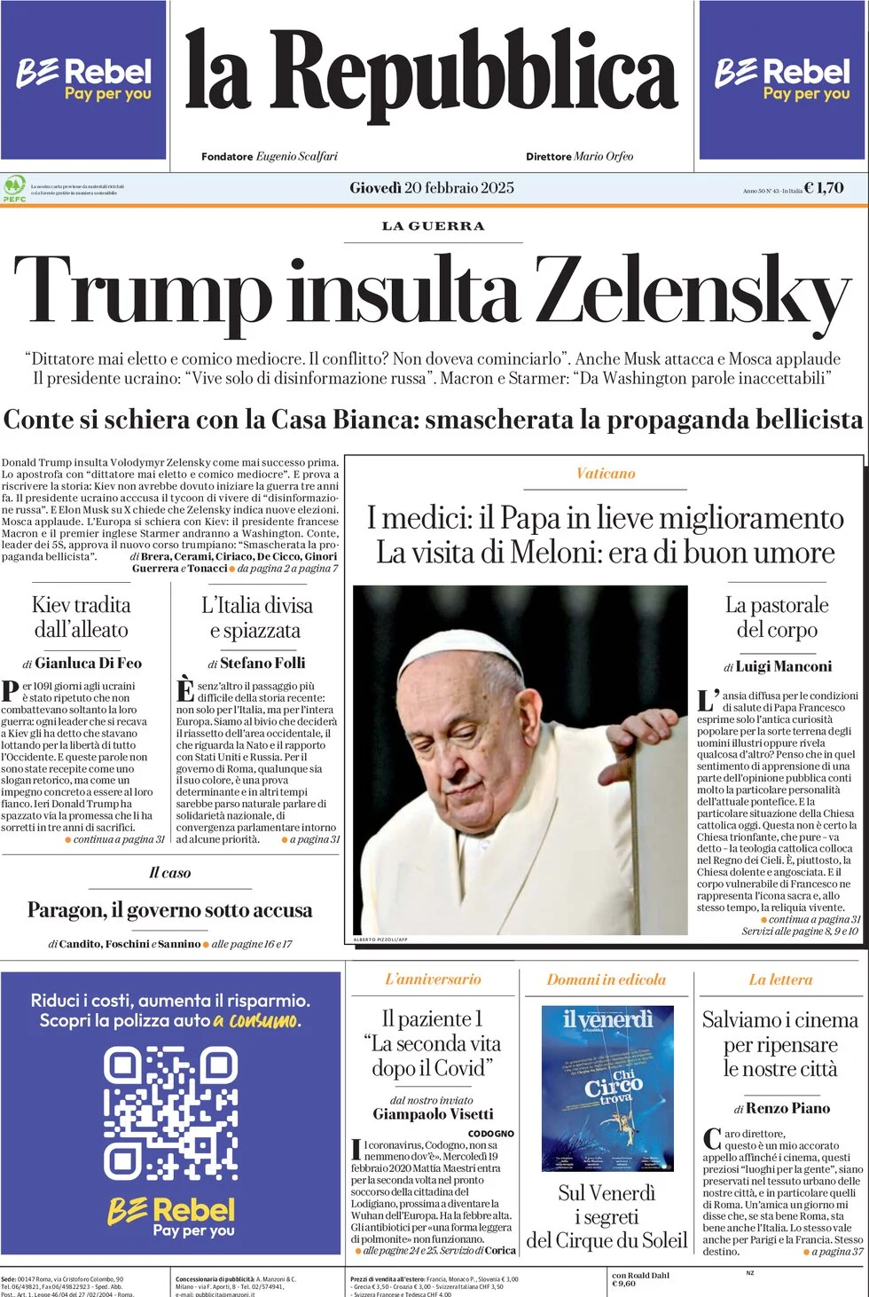 anteprima della prima pagina di la-repubblica del 20/02/2025