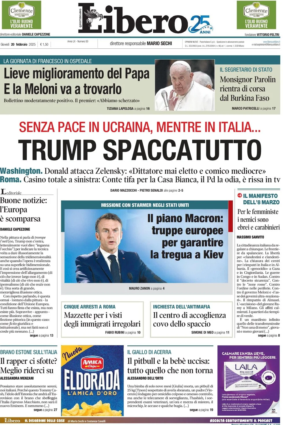 anteprima della prima pagina di libero-quotidiano del 20/02/2025