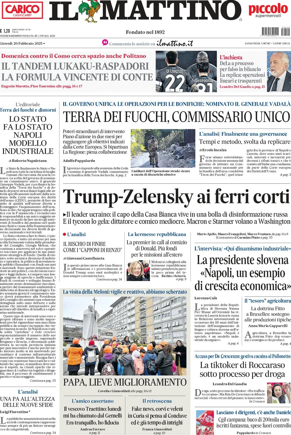 anteprima della prima pagina di il-mattino del 20/02/2025