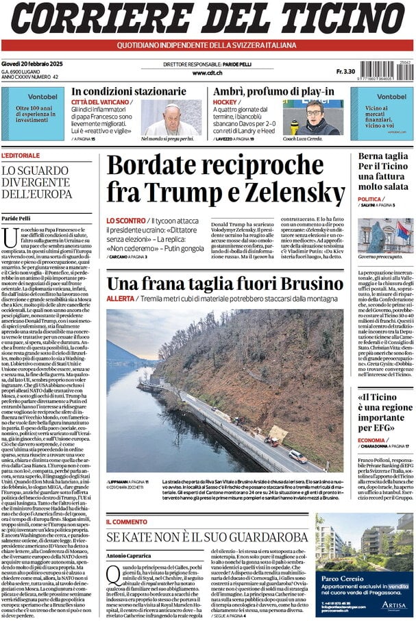 anteprima della prima pagina di corriere-del-ticino del 20/02/2025
