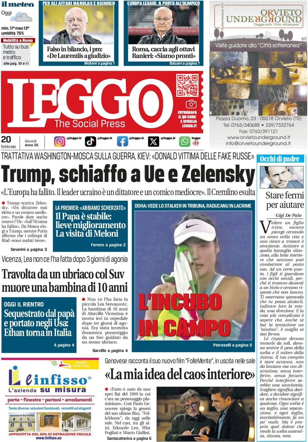 anteprima della prima pagina di leggo-roma del 20/02/2025