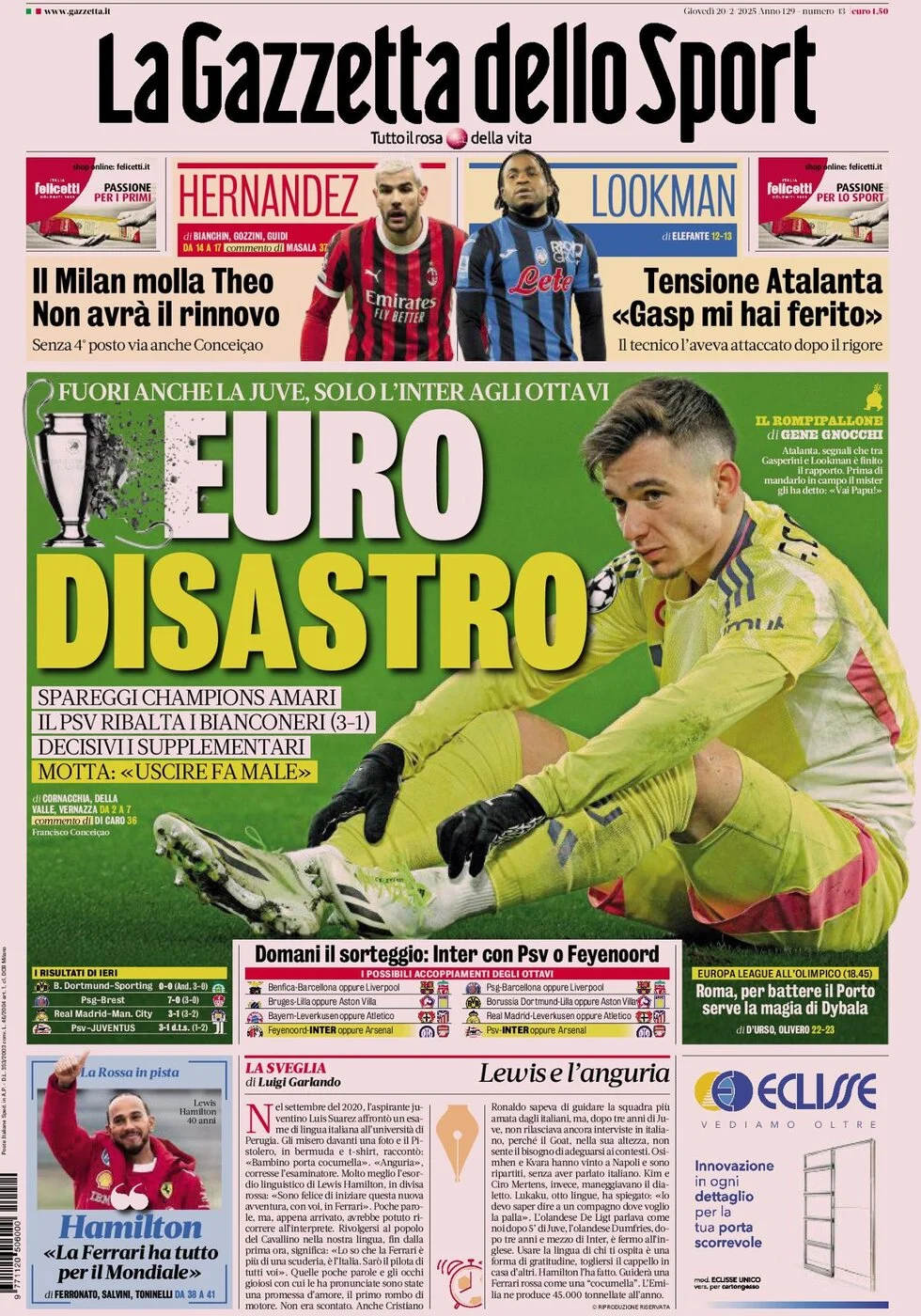 anteprima della prima pagina di la-gazzetta-dello-sport del 20/02/2025