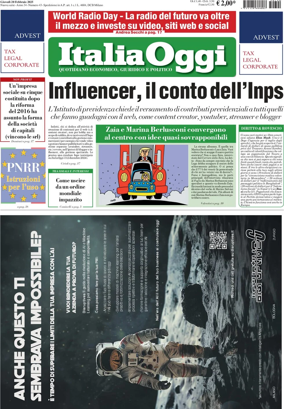 anteprima della prima pagina di italiaoggi del 20/02/2025