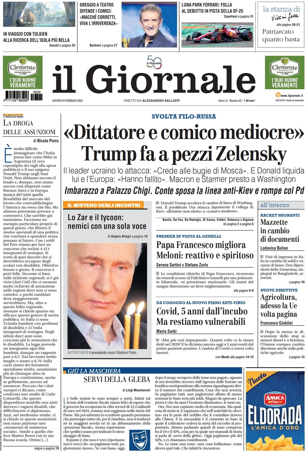 anteprima della prima pagina di il-giornale del 20/02/2025