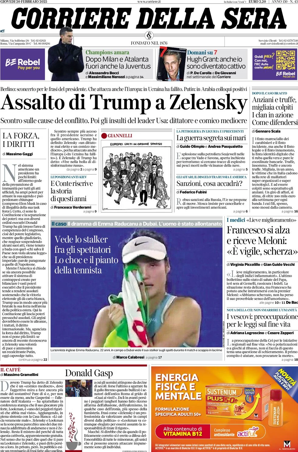 anteprima della prima pagina di corriere-della-sera del 20/02/2025