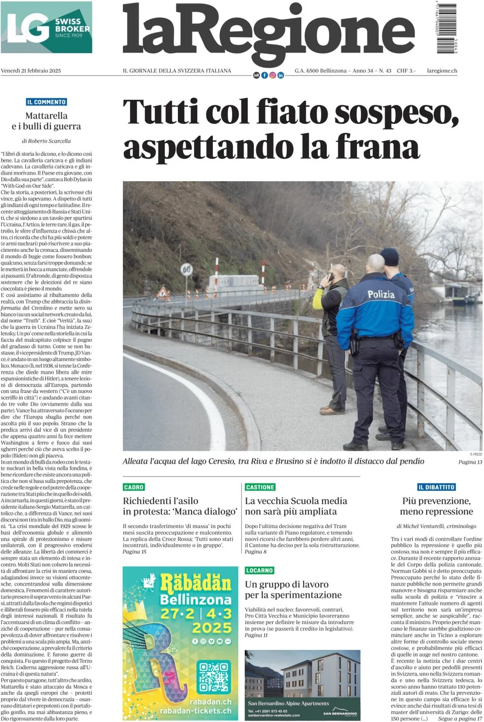 anteprima della prima pagina di la-regione del 21/02/2025