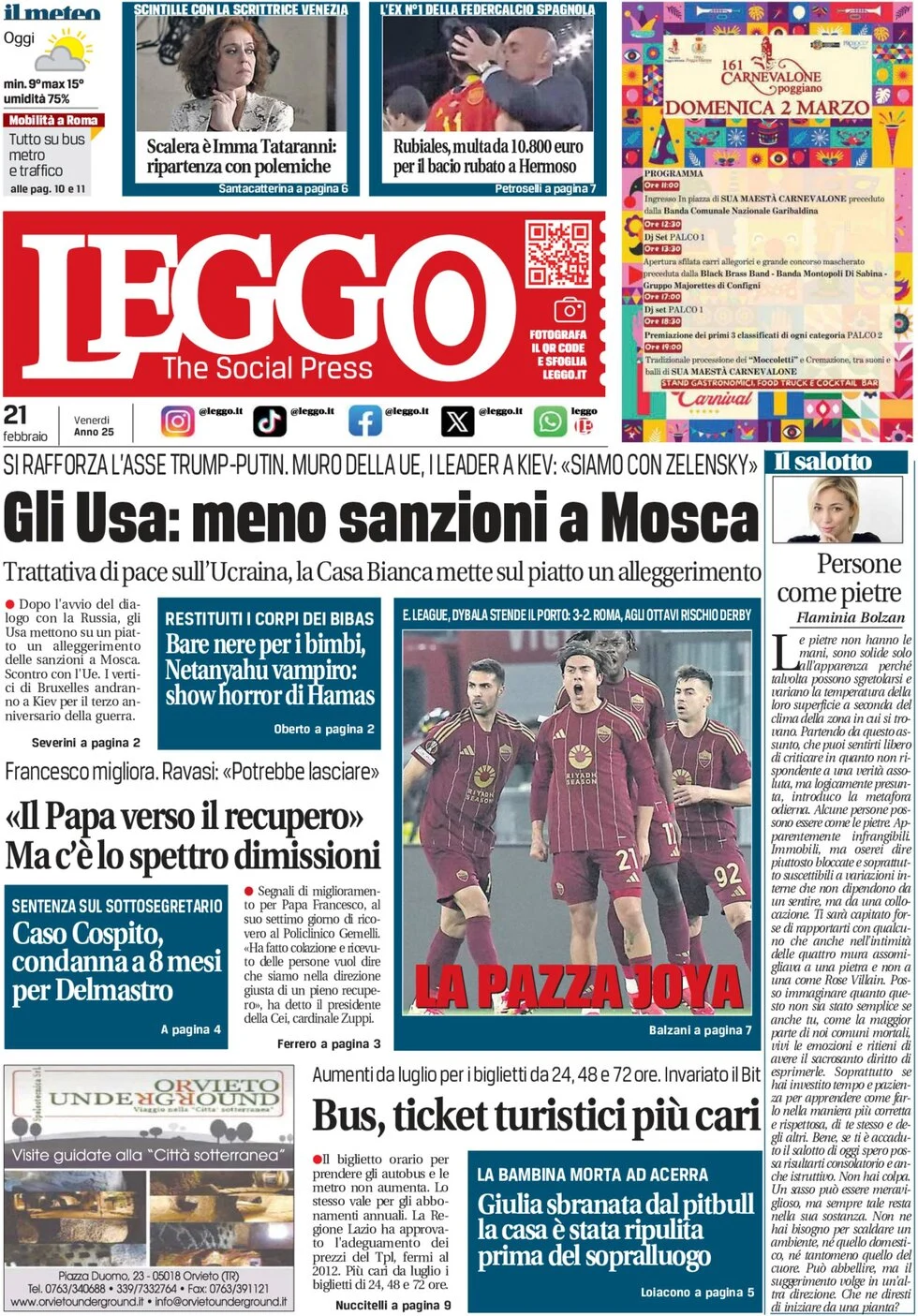 anteprima della prima pagina di leggo-roma del 21/02/2025