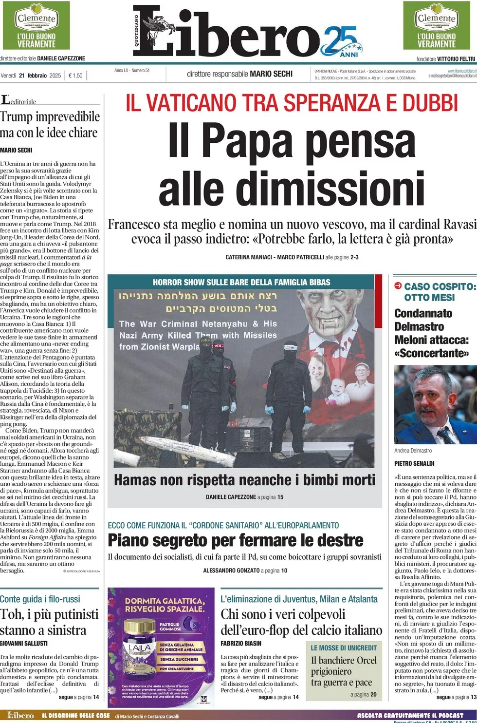anteprima della prima pagina di libero-quotidiano del 21/02/2025