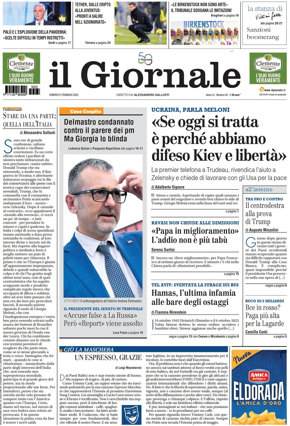 anteprima della prima pagina di il-giornale del 21/02/2025